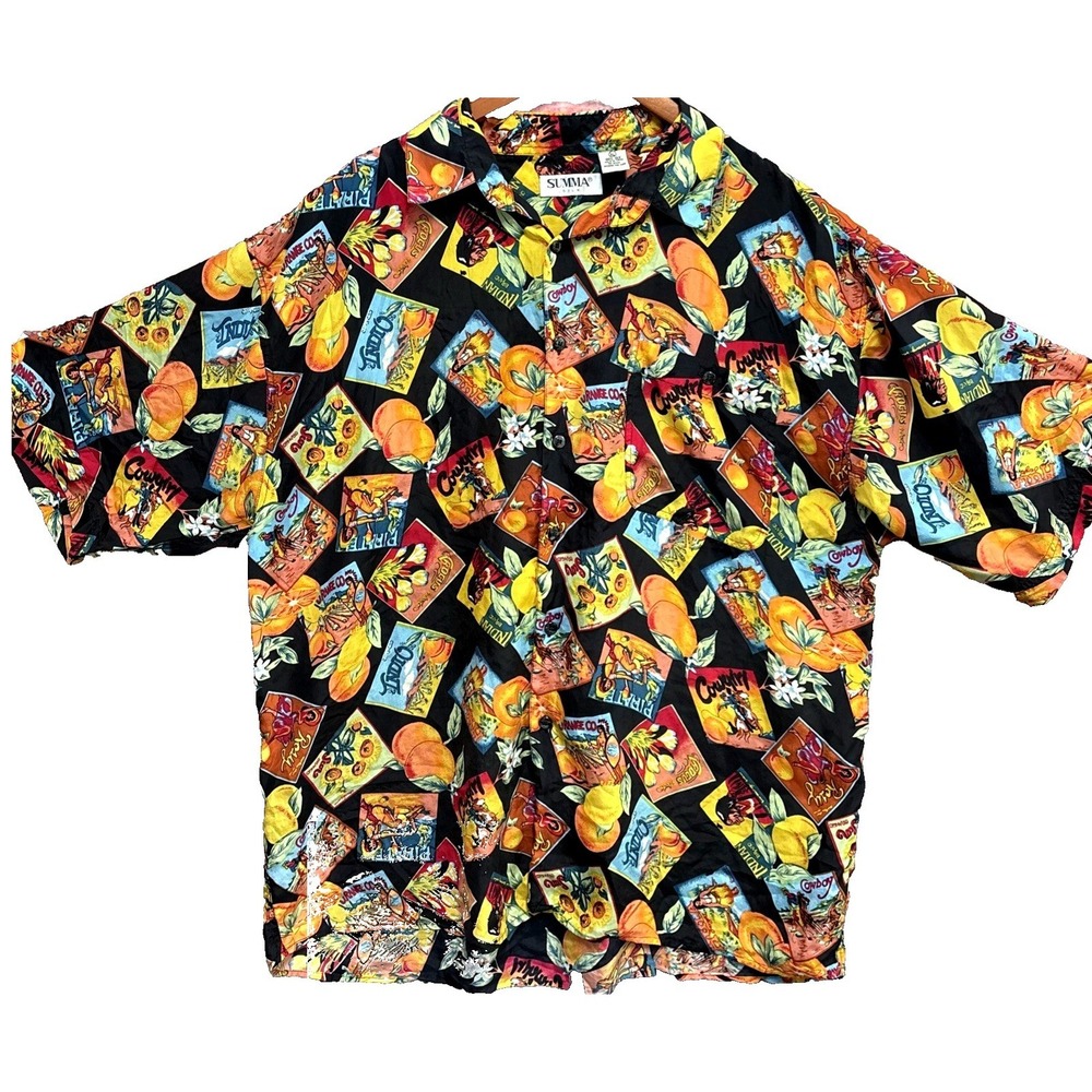 Summa Silk‎ Short Sleeve Button Down Vintage Shirt Size XL Fruit Crate Cowgirl